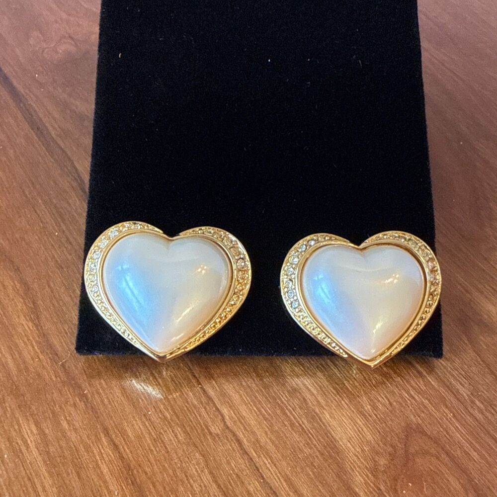 Trifari Faux Pearl Puffed Heart Crystal Accent Gold Tone Clip Earrings